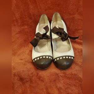 Two-Tone Cream and Brown Mary Jane Leather Flats with Bow Accent
